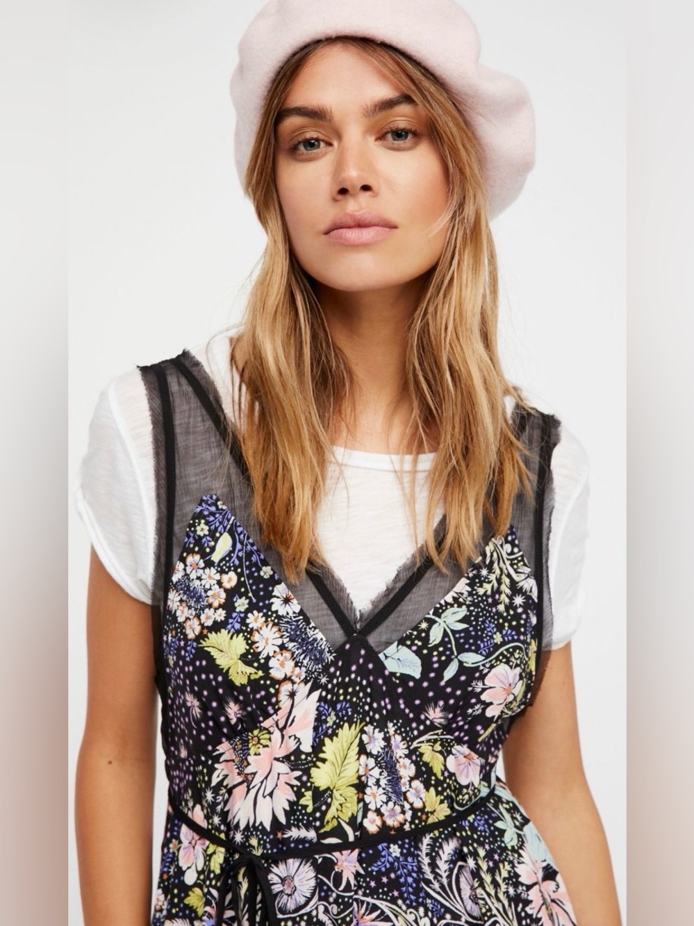 Free People Black Floral Mesh-Trim Slip Dress with Pastel Pink Accents